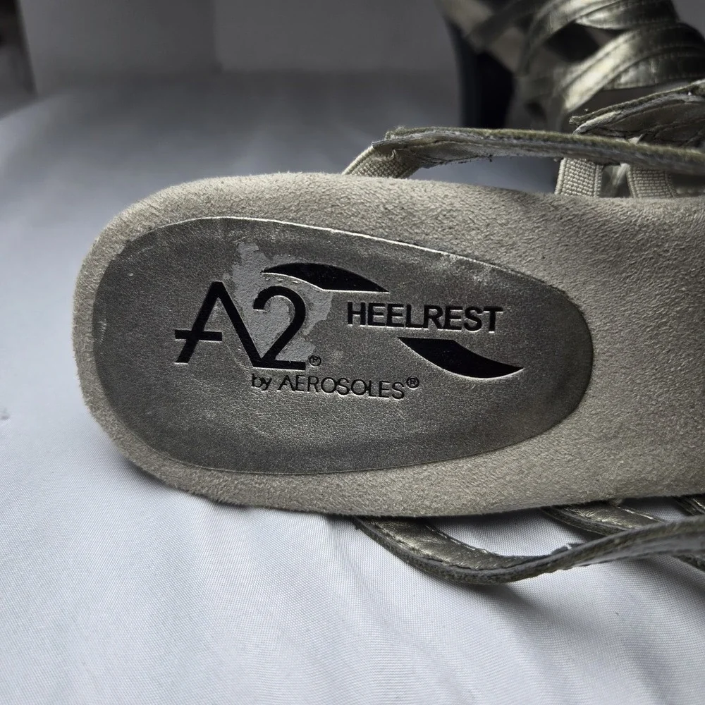 A2 Aerosoles Water Power Strappy Sandal Heels Womens 7 Pewter Silver‎ Neutral